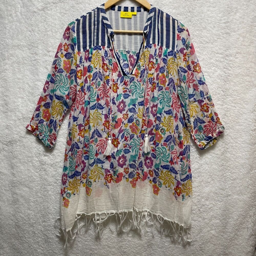 Roberta Roller Rabbit Top Women's S Multicolor Floral Fringed Hem Tunic Boho‎